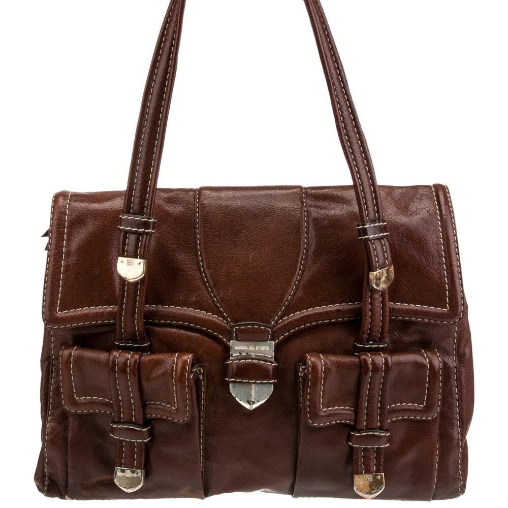 Michael Kors Shoulder Bag, Brown Leather, Gold-Tone Hardware Rolled Handles FAB